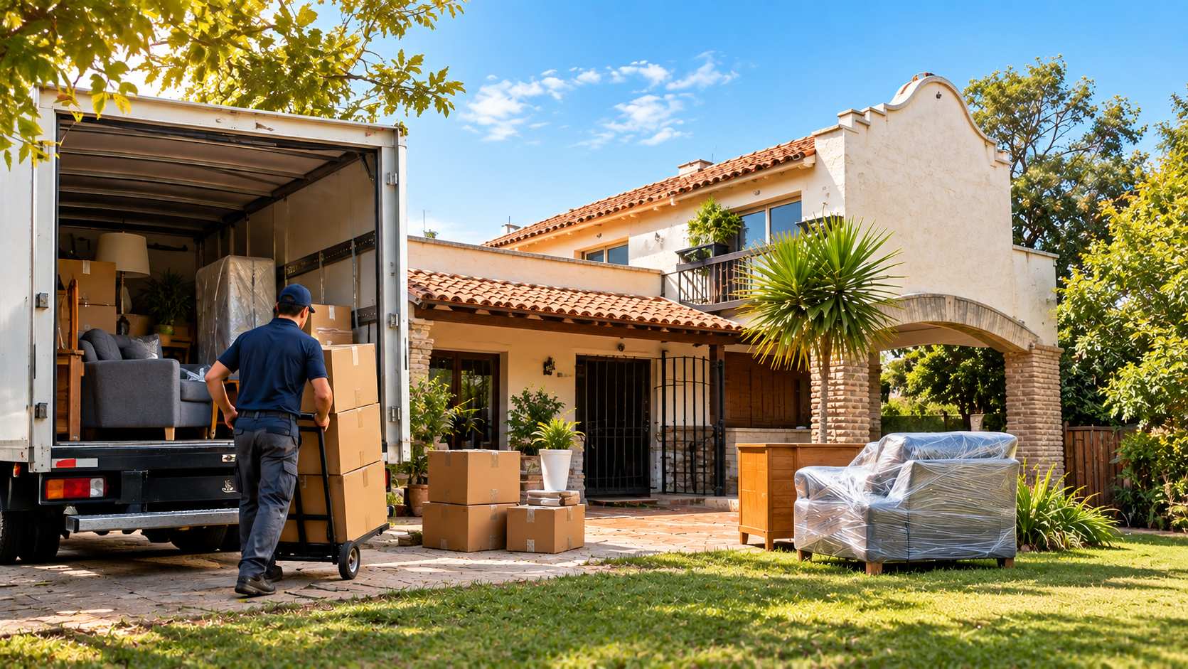 Operario cargando cajas en un camión de mudanzas frente a una casa