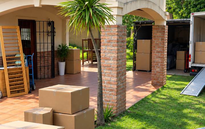 Cajas y muebles embalados en el jardín de una casa durante una mudanza
